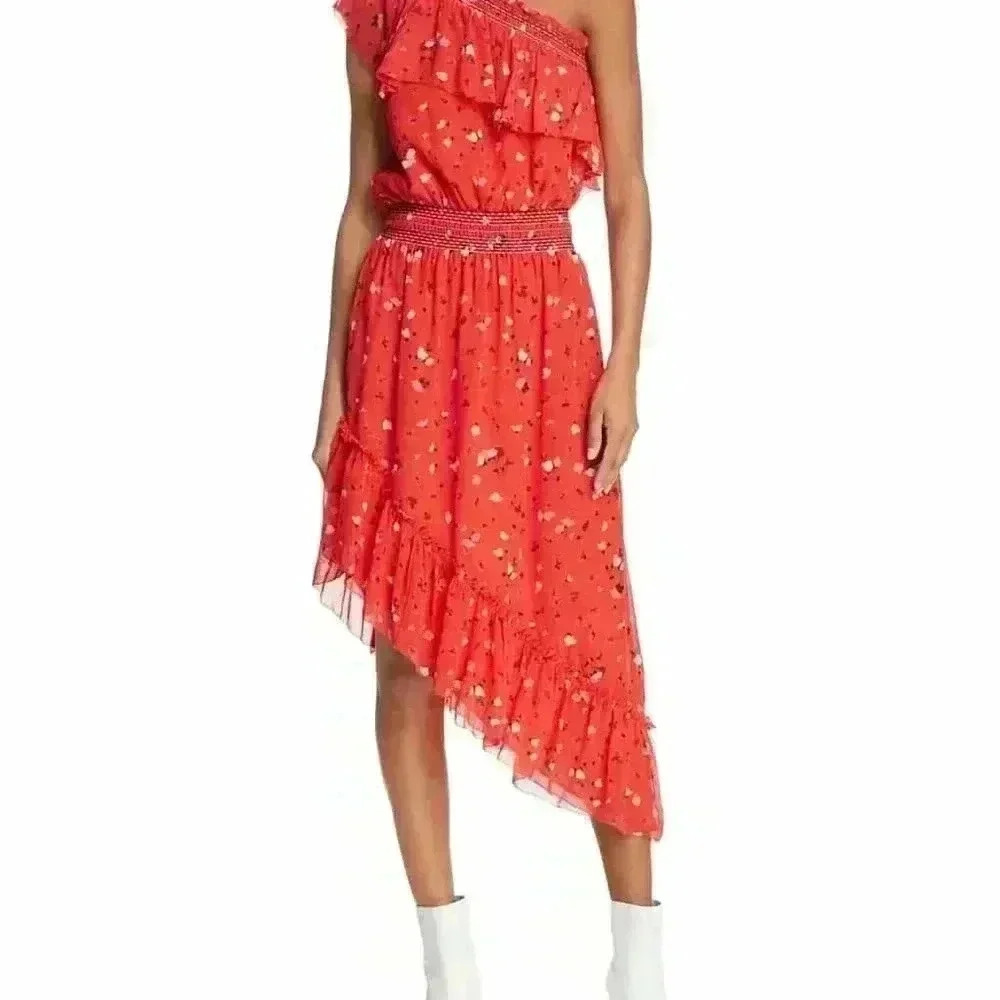 Joie Dress Silk Red Floral Print One Shoulder